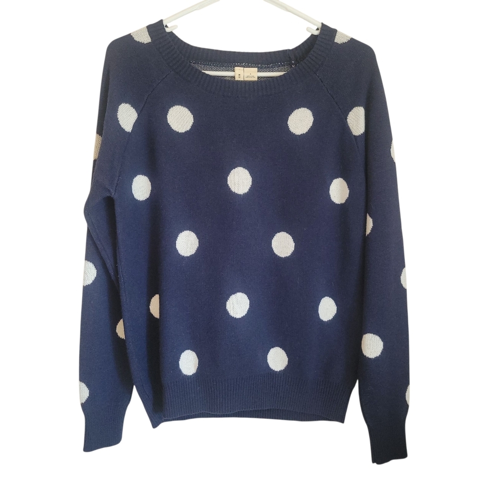 Anthropologie Moth Navy Polka Dot Crewneck Knit Sweater Cottagecore Preppy Small